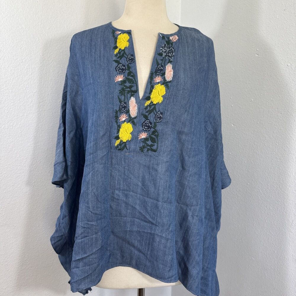 Elaine Turner Top Womens L Pippa Denim Embroidered Butterfly Blouse Boho